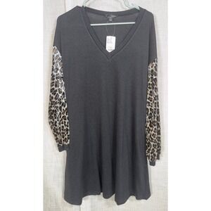 NWT Suzanne Betro Dress Black Beige Leopard V-Neck Shift Sweater Dress Women's S